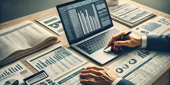 Bookkeeping records beside a laptop